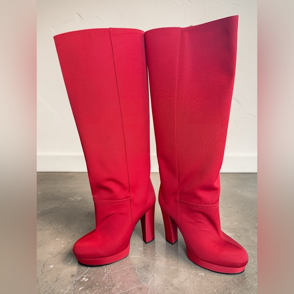 Gucci Red Heel Platform Runway Boots Ribbed Fabric Pull-on Size 36.5 US 6.5 - Picture 9 of 16
